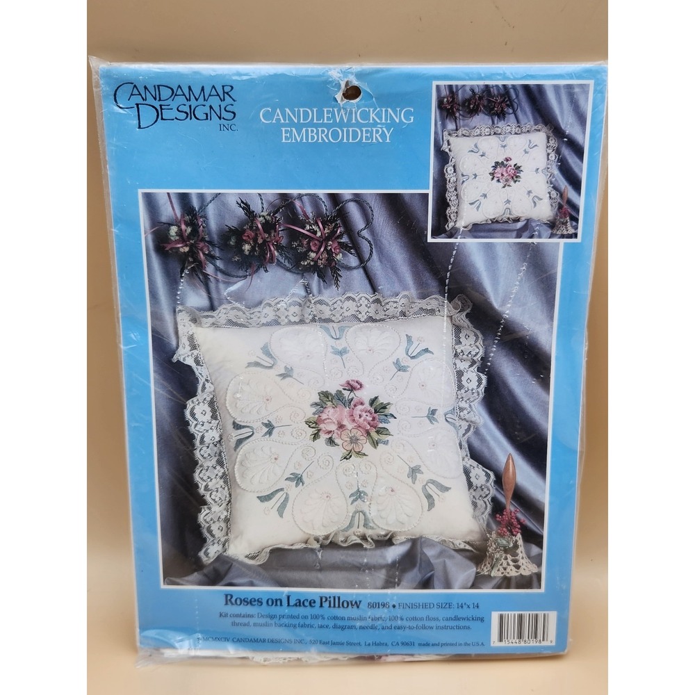 Candamar Designs VTG Candlewicking Embroidery Roses on Lace Pillow Grannycore